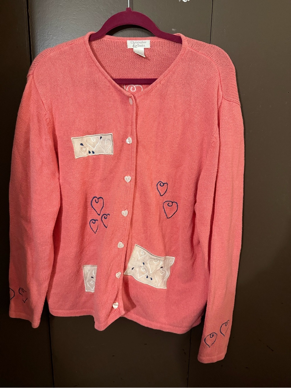 Christopher & Banks Coral Pink Heart Patch Cardigan Sweater